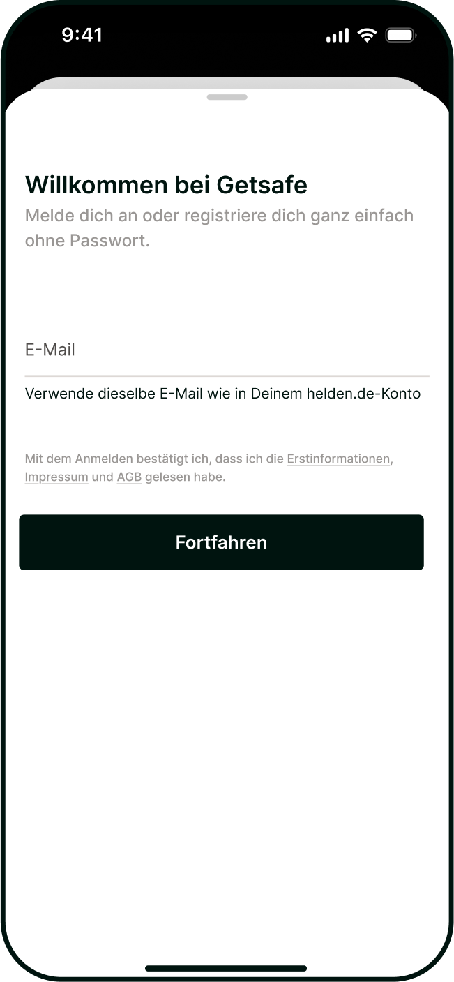 Anmeldung bei Getsafe mit der E-Mail-Adresse.