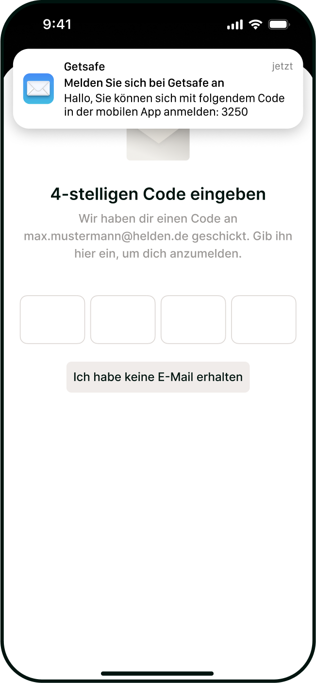 Eingabe des 4-stelligen Einmal-Codes aus der E-Mail.