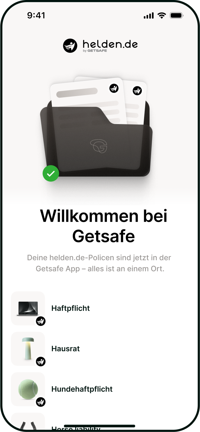 Übersicht der helden.de-Versicherungen in der Getsafe-App.
